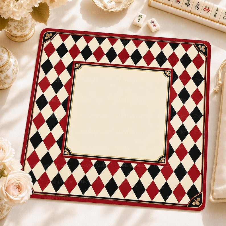 Vintage Red Harlequin Mahjong Mat, Black & Ivory Diamond Check Game Mat, Chic Art Deco Mahjong Gift