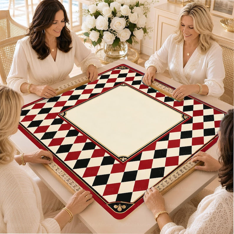 Vintage Red Harlequin Mahjong Mat, Black & Ivory Diamond Check Game Mat, Chic Art Deco Mahjong Gift