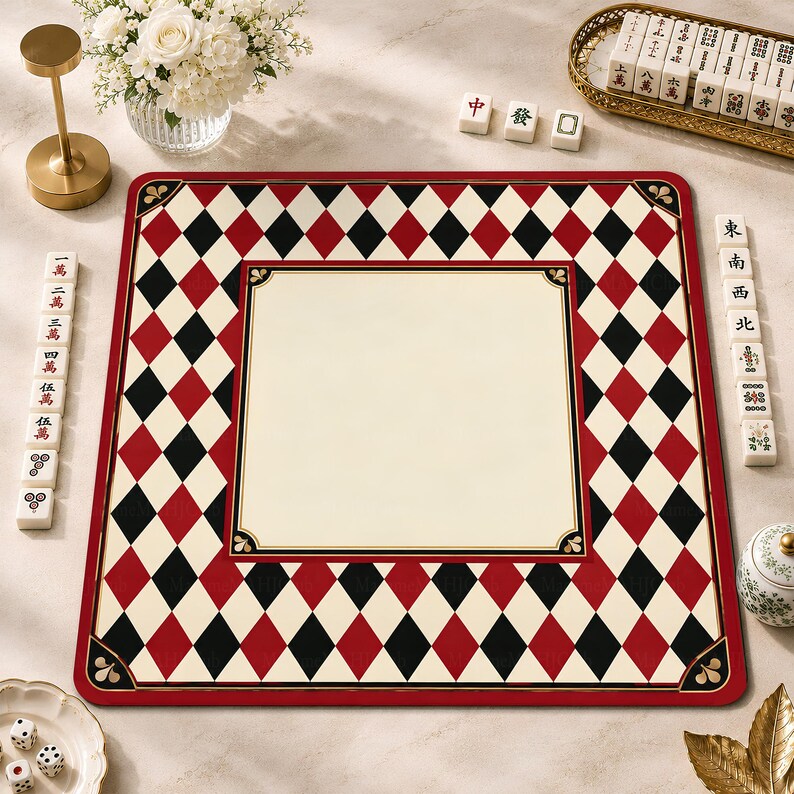 Vintage Red Harlequin Mahjong Mat, Black & Ivory Diamond Check Game Mat, Chic Art Deco Mahjong Gift