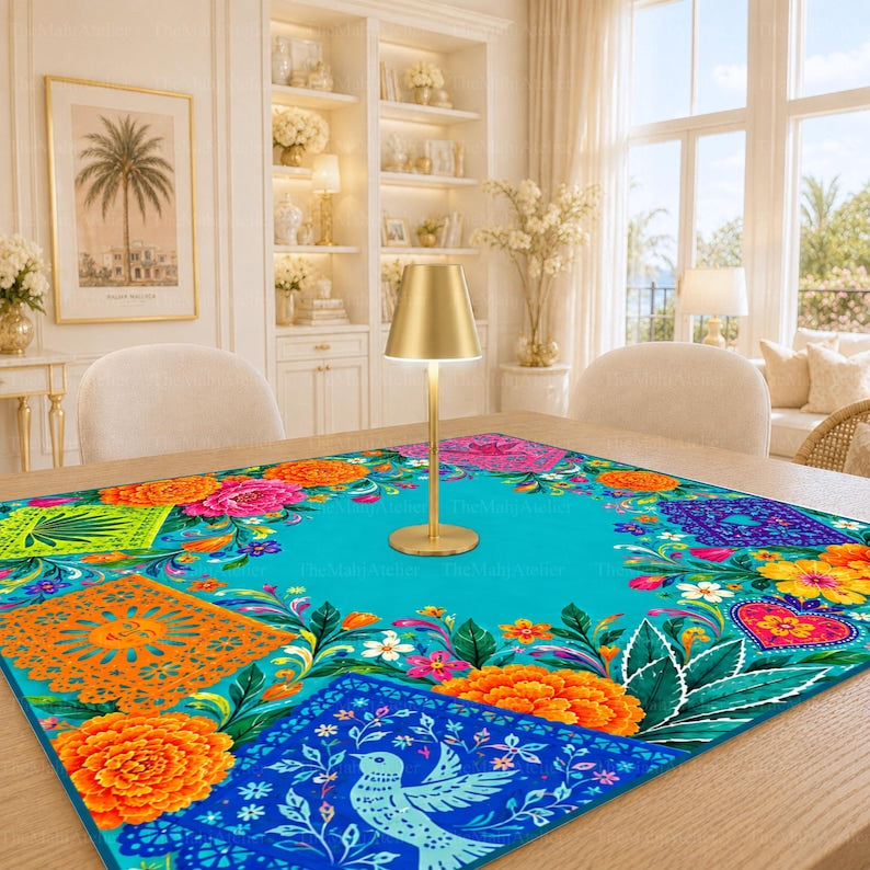 Day of the Dead Mahjong Mat, Turquoise Papel Picado & Marigold Game Mat, Mexican Fiesta Mahjong Gift