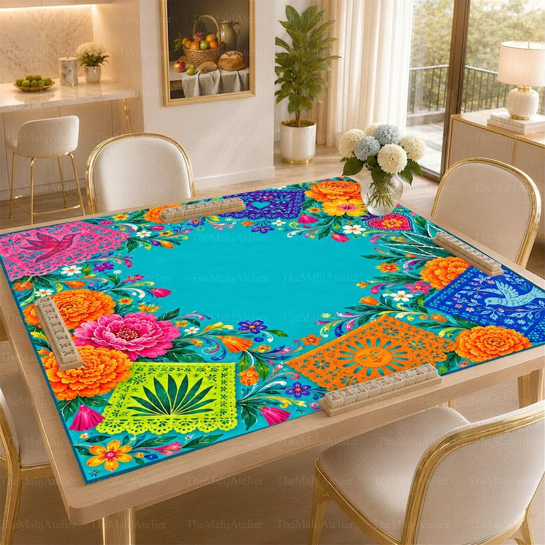 Day of the Dead Mahjong Mat, Turquoise Papel Picado & Marigold Game Mat, Mexican Fiesta Mahjong Gift