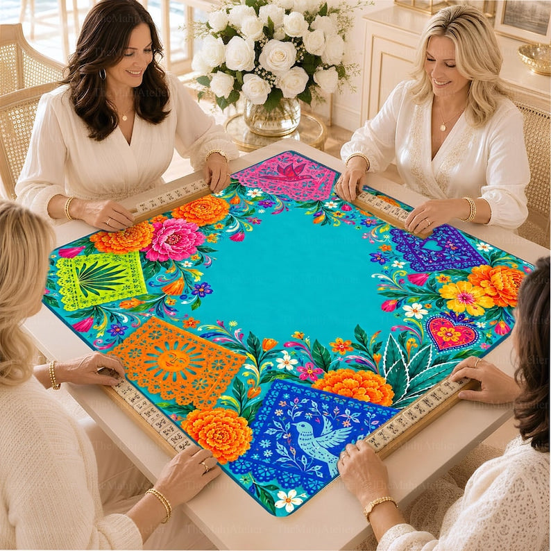 Day of the Dead Mahjong Mat, Turquoise Papel Picado & Marigold Game Mat, Mexican Fiesta Mahjong Gift