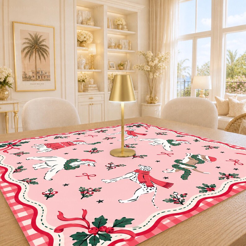 Preppy Pink Christmas Dogs Mahjong Mat, Dalmatian & Holiday Pups Game Mat, Festive Mahjong Club Gift