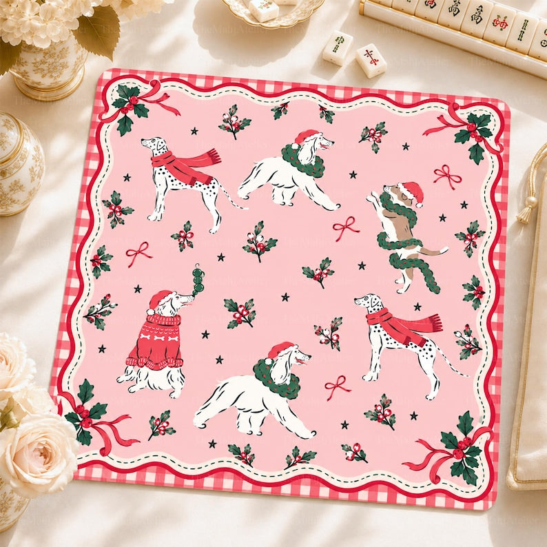 Preppy Pink Christmas Dogs Mahjong Mat, Dalmatian & Holiday Pups Game Mat, Festive Mahjong Club Gift