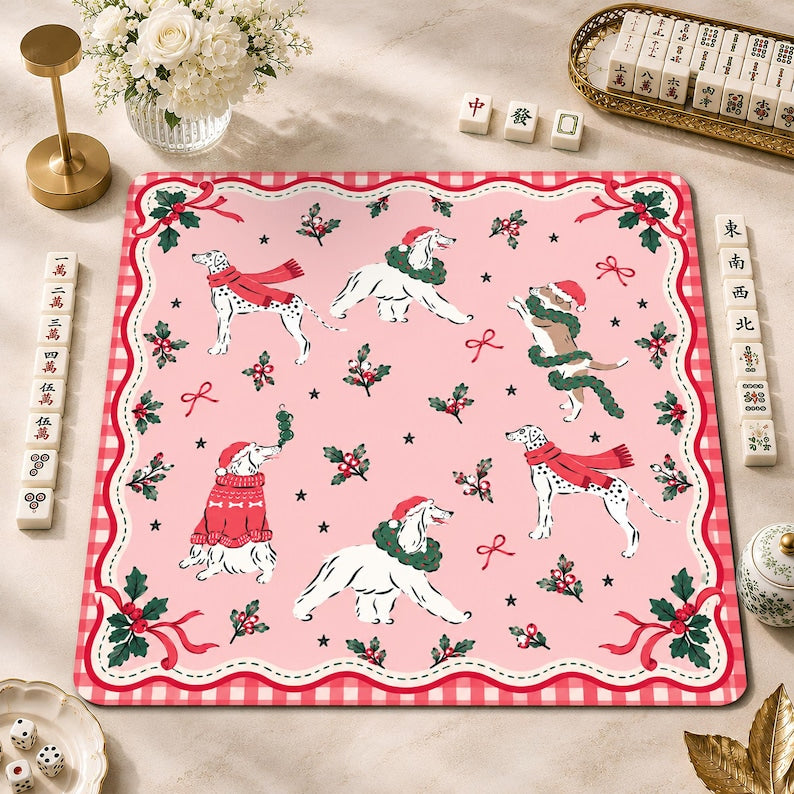 Preppy Pink Christmas Dogs Mahjong Mat, Dalmatian & Holiday Pups Game Mat, Festive Mahjong Club Gift