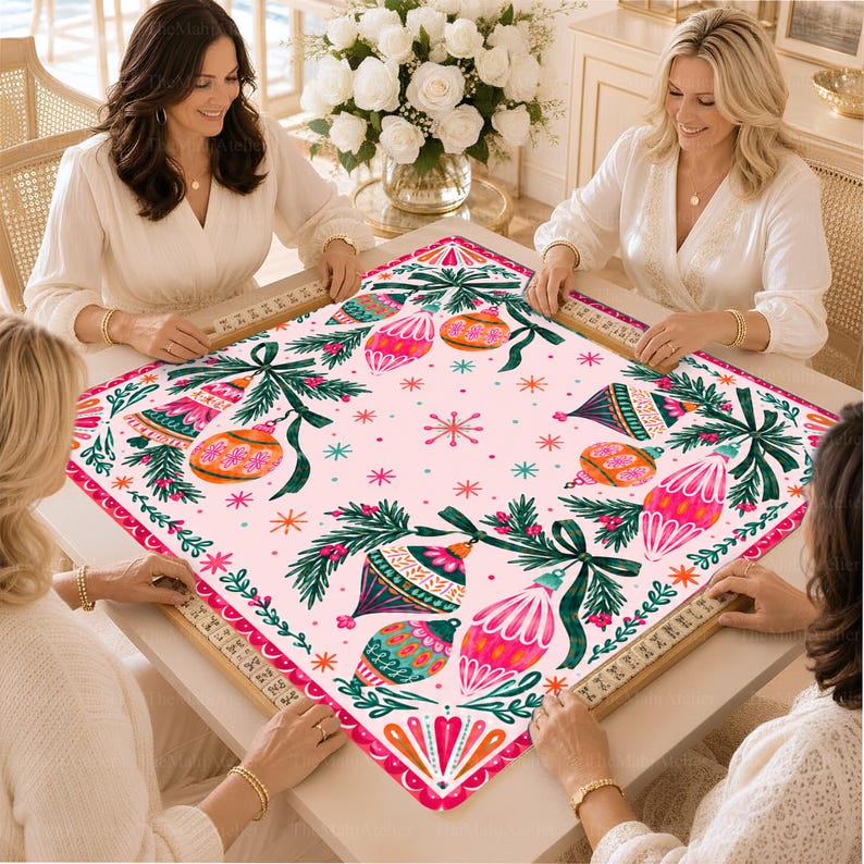 Retro Pink Christmas Ornaments Mahjong Mat, Colorful Baubles & Pine Game Mat, Holiday Mahjong Gift