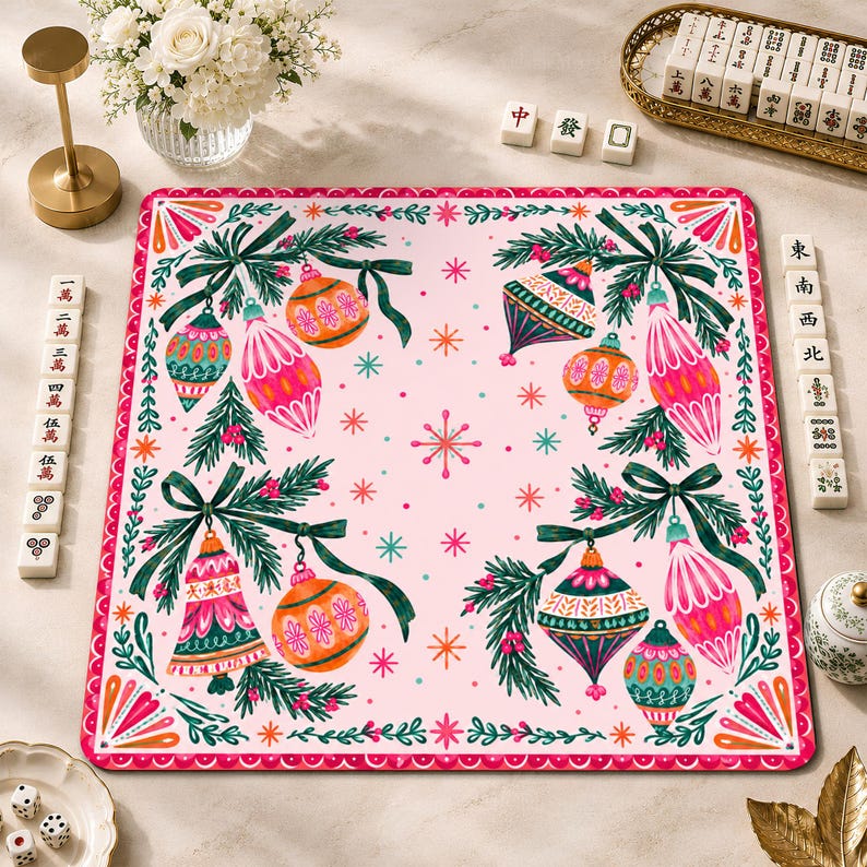 Retro Pink Christmas Ornaments Mahjong Mat, Colorful Baubles & Pine Game Mat, Holiday Mahjong Gift