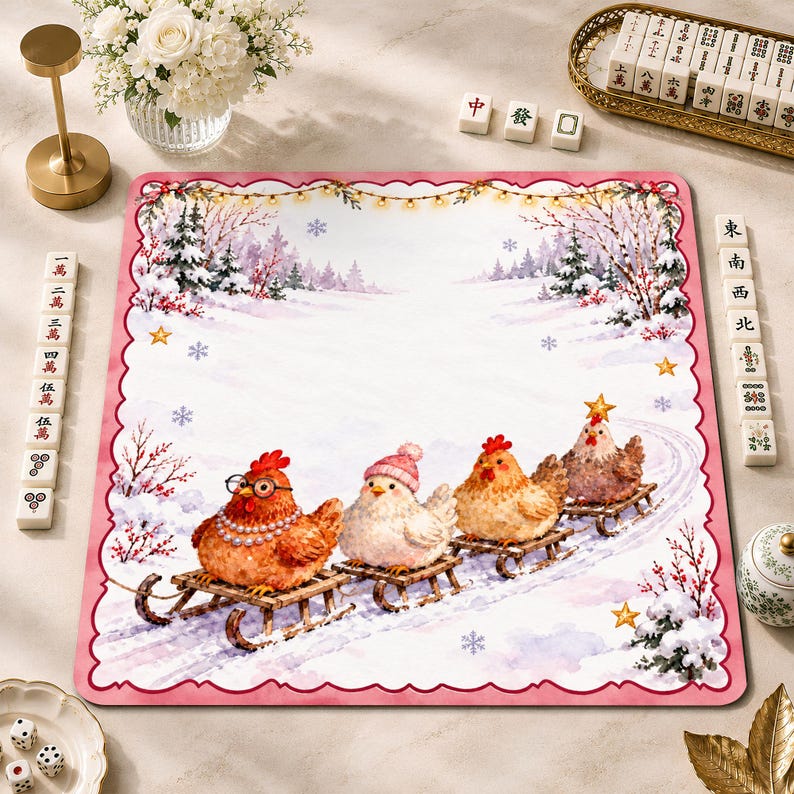 Funny Christmas Chickens Mahjong Mat, Sledding Hens & Snowy Forest Game Mat, Cozy Mahjong Night Gift