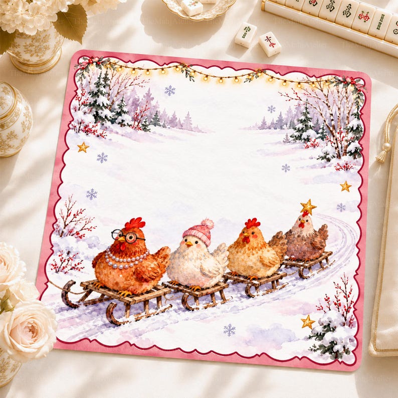 Funny Christmas Chickens Mahjong Mat, Sledding Hens & Snowy Forest Game Mat, Cozy Mahjong Night Gift