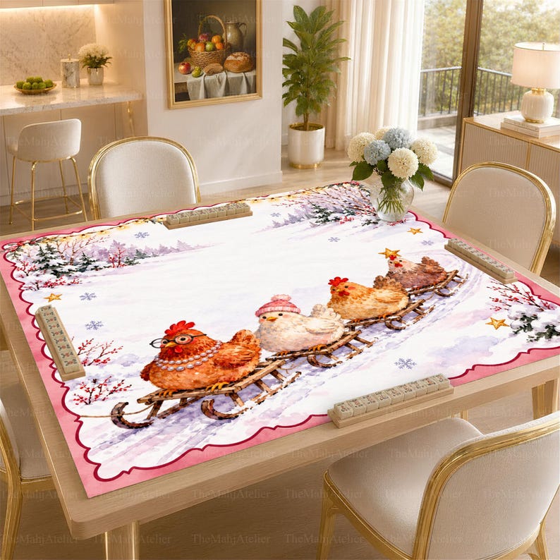 Funny Christmas Chickens Mahjong Mat, Sledding Hens & Snowy Forest Game Mat, Cozy Mahjong Night Gift