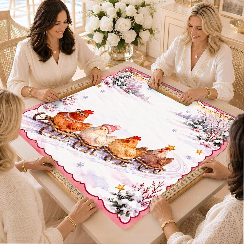 Funny Christmas Chickens Mahjong Mat, Sledding Hens & Snowy Forest Game Mat, Cozy Mahjong Night Gift