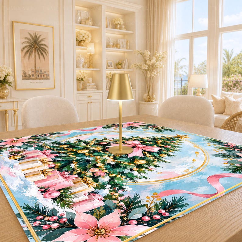 Preppy Pink Christmas Mahjong Mat, Poinsettia Non-Slip Table Cover, Holiday Card Table Mat Gift