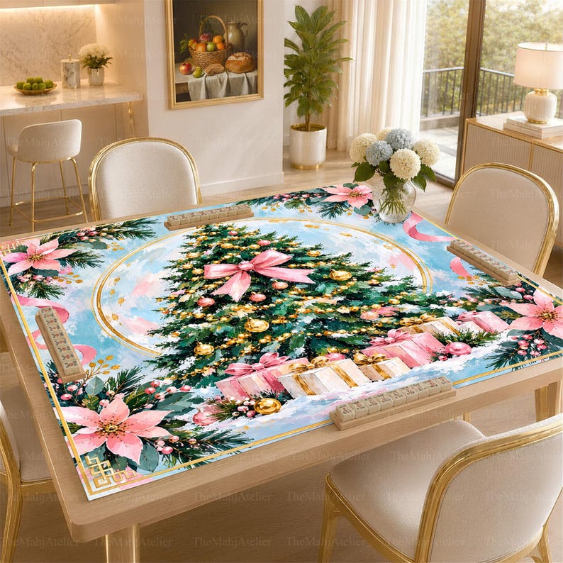 Preppy Pink Christmas Mahjong Mat, Poinsettia Non-Slip Table Cover, Holiday Card Table Mat Gift