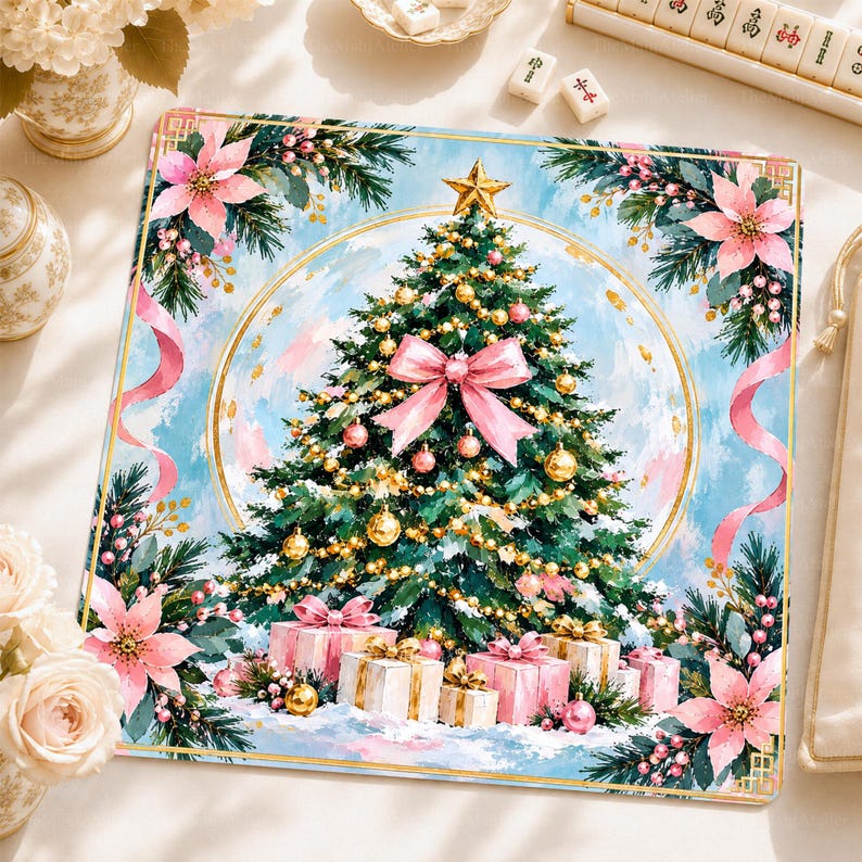 Preppy Pink Christmas Mahjong Mat, Poinsettia Non-Slip Table Cover, Holiday Card Table Mat Gift