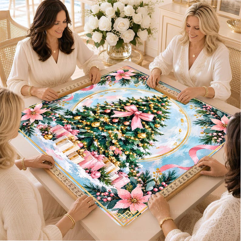 Preppy Pink Christmas Mahjong Mat, Poinsettia Non-Slip Table Cover, Holiday Card Table Mat Gift