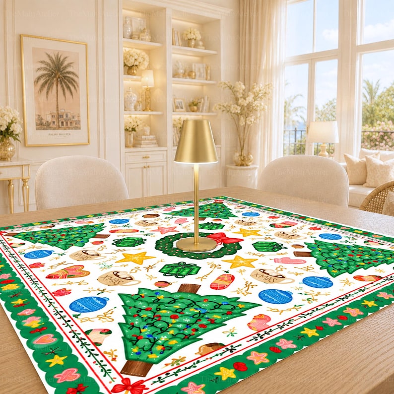 Retro Christmas Wreath Mahjong Mat, Hot Cocoa & Pine Tree Game Mat, Whimsical Holiday Mahjong Gift
