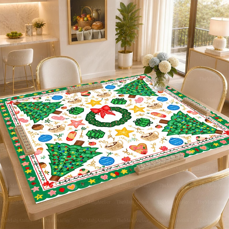 Retro Christmas Wreath Mahjong Mat, Hot Cocoa & Pine Tree Game Mat, Whimsical Holiday Mahjong Gift