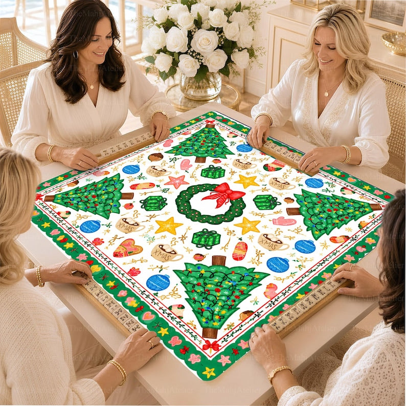 Retro Christmas Wreath Mahjong Mat, Hot Cocoa & Pine Tree Game Mat, Whimsical Holiday Mahjong Gift