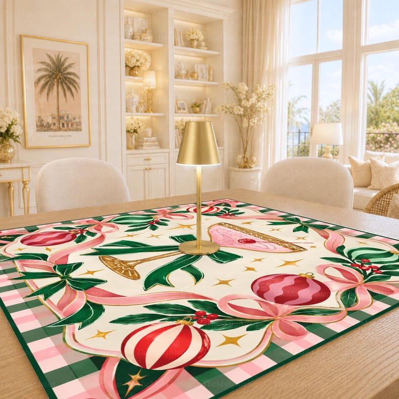 Pink Christmas Cocktail Mahjong Mat, Preppy Green Bow & Gingham Game Mat, Holiday Mahjong Party Gift