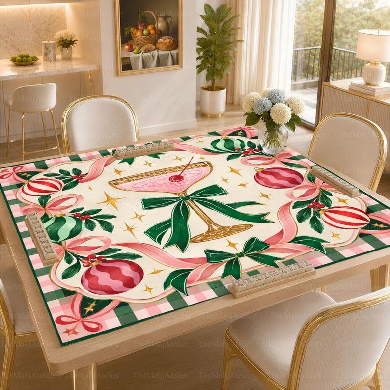 Pink Christmas Cocktail Mahjong Mat, Preppy Green Bow & Gingham Game Mat, Holiday Mahjong Party Gift