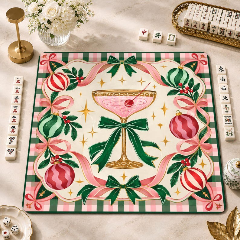 Pink Christmas Cocktail Mahjong Mat, Preppy Green Bow & Gingham Game Mat, Holiday Mahjong Party Gift