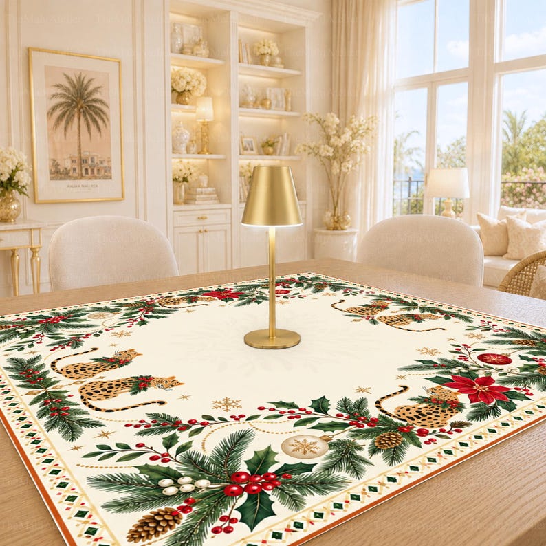 Christmas Leopard Mahjong Mat, Festive Holly & Poinsettia Game Mat, Chic Animal Print Mahjong Gift