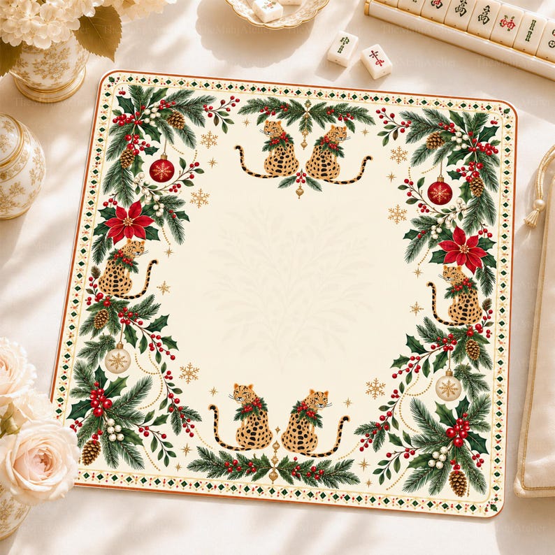 Christmas Leopard Mahjong Mat, Festive Holly & Poinsettia Game Mat, Chic Animal Print Mahjong Gift