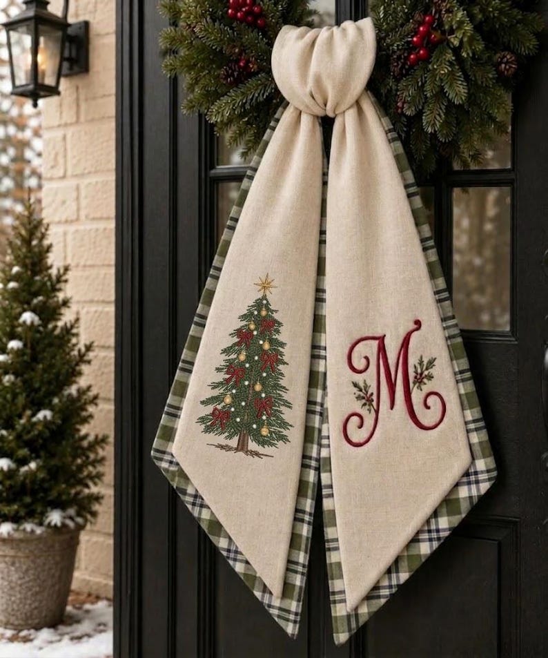 Personalized Christmas Wreath Sash, Embroidered Red Plaid Sash Door Decor, Monogram Christmas Tree Sash