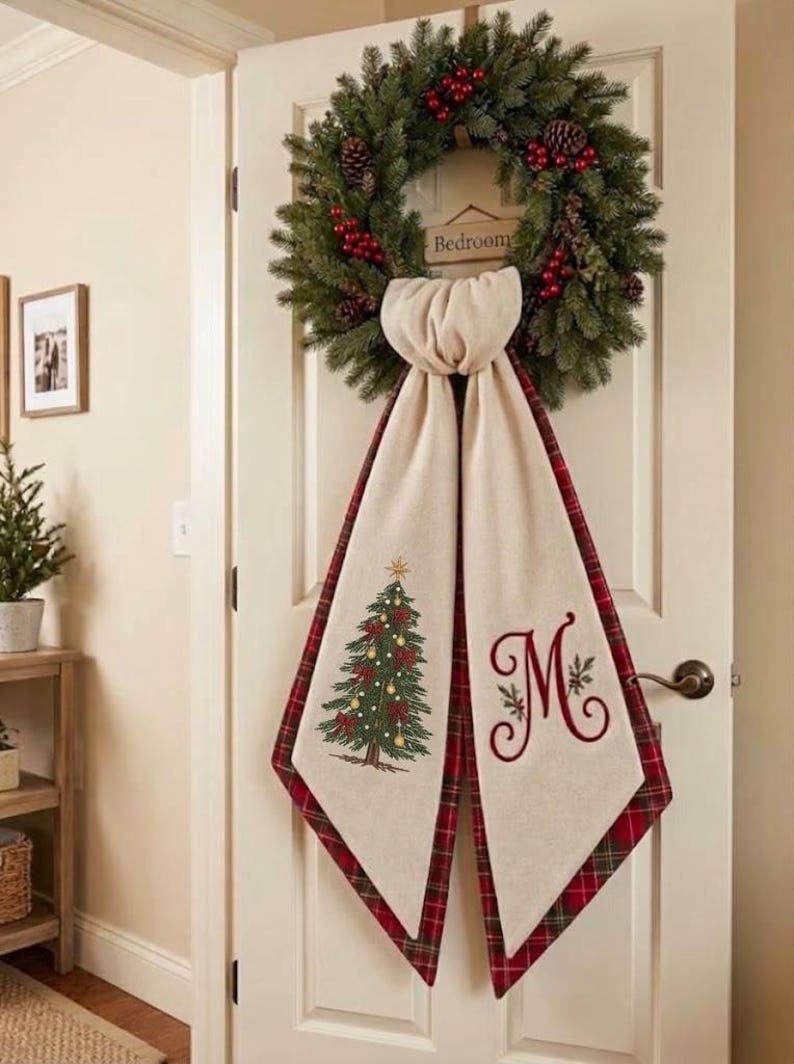 Personalized Christmas Wreath Sash, Embroidered Red Plaid Sash Door Decor, Monogram Christmas Tree Sash