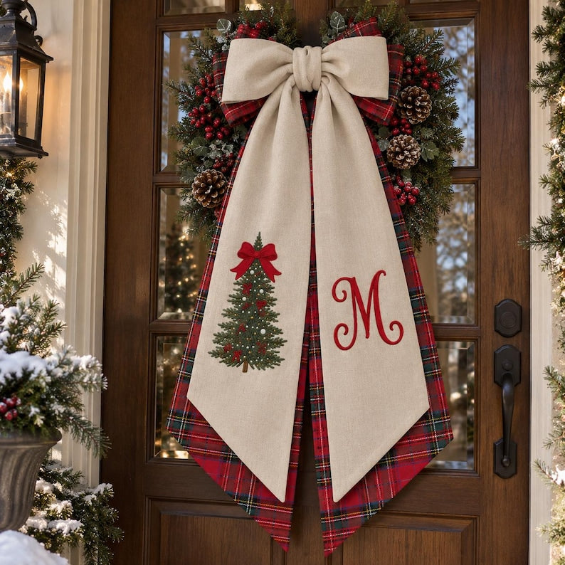 Embroidered Personalized Christmas Bow Tree Wreath Sash, Monogram Letter Embroidered Winter Sash Door Decor