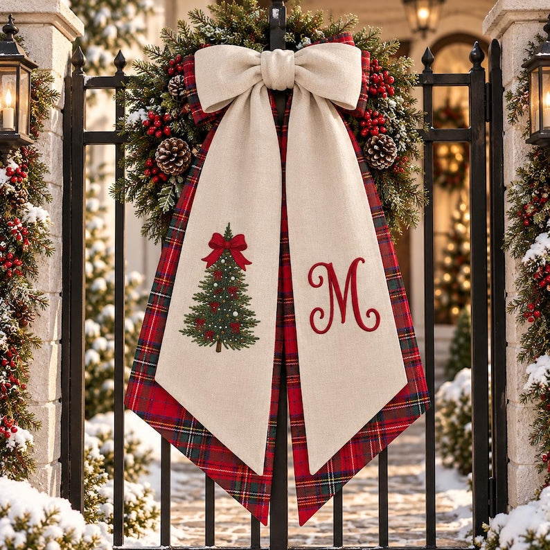 Embroidered Personalized Christmas Bow Tree Wreath Sash, Monogram Letter Embroidered Winter Sash Door Decor