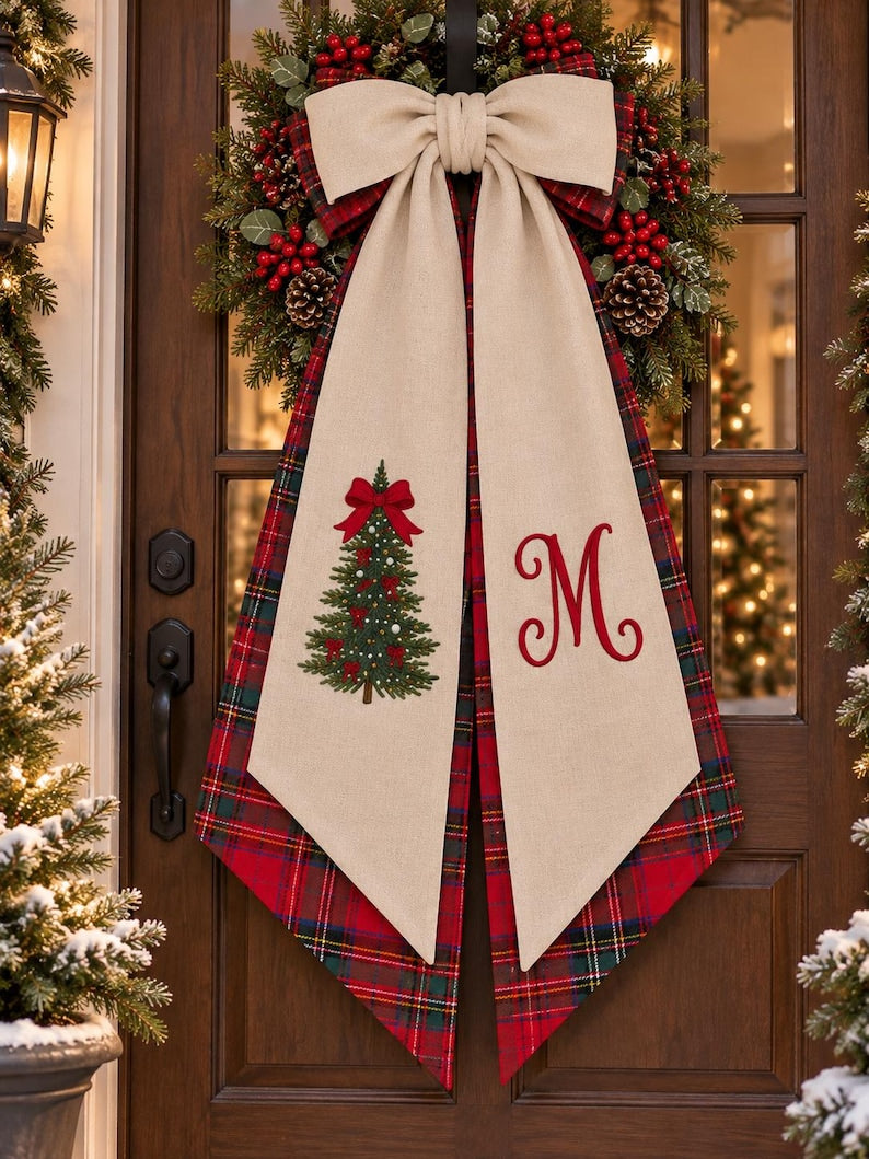 Embroidered Personalized Christmas Bow Tree Wreath Sash, Monogram Letter Embroidered Winter Sash Door Decor