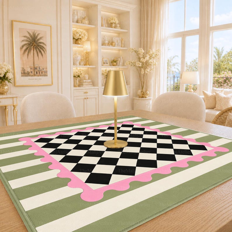 Sage Green & Pink Checkerboard Mahjong Mat, Preppy Scalloped Game Mat, Non-slip Table Cover
