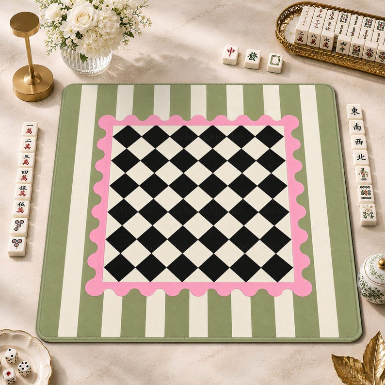 Sage Green & Pink Checkerboard Mahjong Mat, Preppy Scalloped Game Mat, Non-slip Table Cover