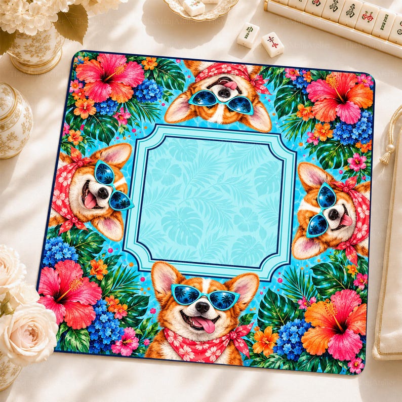 Turquoise Tropical Corgi Mahjong Mat, Hibiscus Floral Game Mat, Non-slip Table Cover