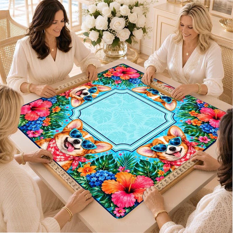 Turquoise Tropical Corgi Mahjong Mat, Hibiscus Floral Game Mat, Non-slip Table Cover