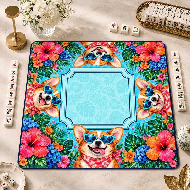 Turquoise Tropical Corgi Mahjong Mat, Hibiscus Floral Game Mat, Non-slip Table Cover