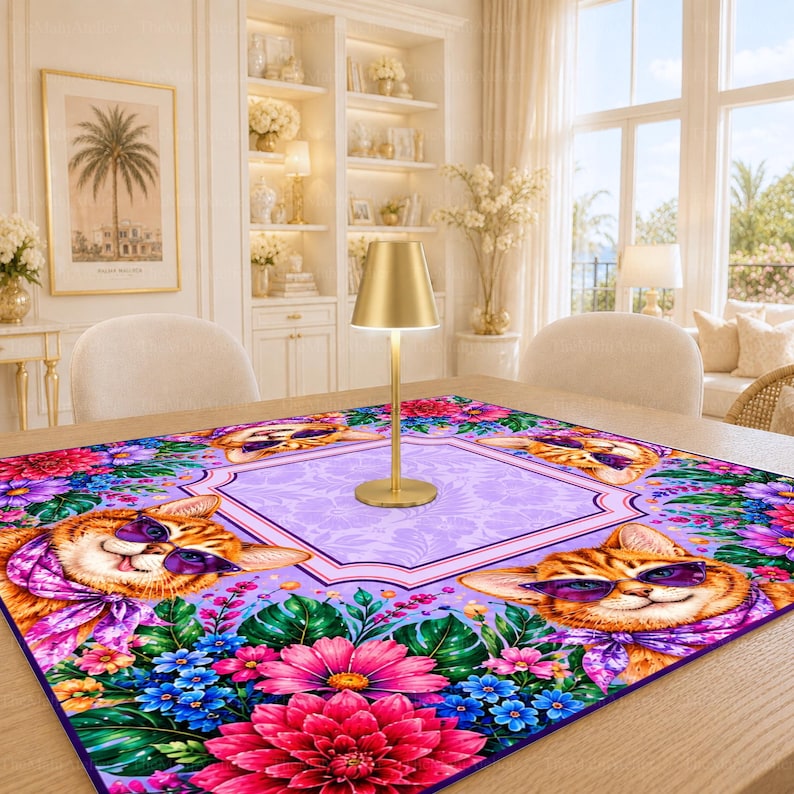 Lavender & Pink Floral Cat Mahjong Mat, Whimsical Kitty Game Mat, Non-slip Table Cover