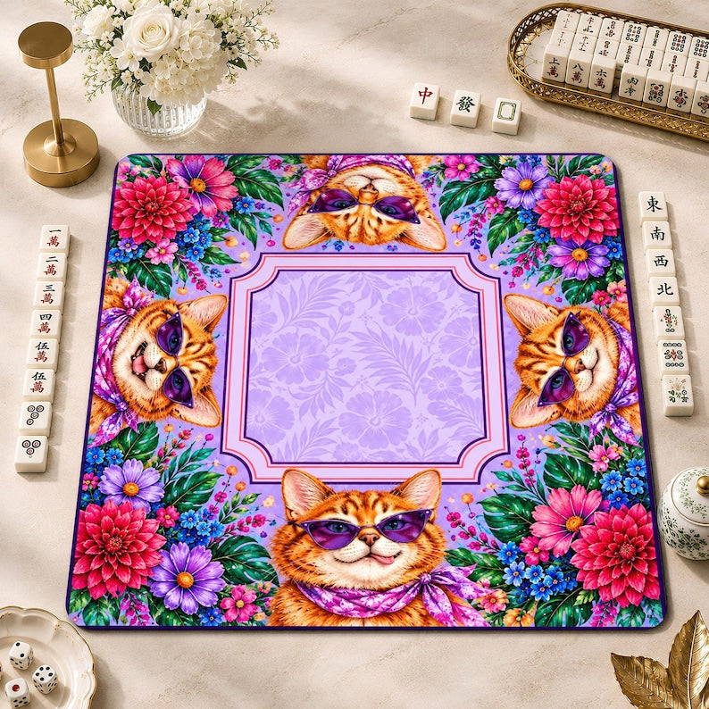 Lavender & Pink Floral Cat Mahjong Mat, Whimsical Kitty Game Mat, Non-slip Table Cover