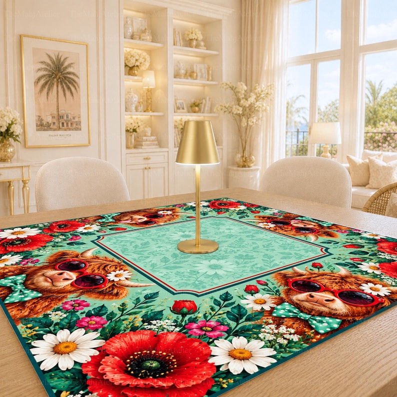 Mint Green Highland Cow Mahjong Mat, Red Poppy Floral Game Mat, Non-slip Table Cover