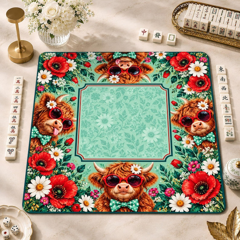 Mint Green Highland Cow Mahjong Mat, Red Poppy Floral Game Mat, Non-slip Table Cover