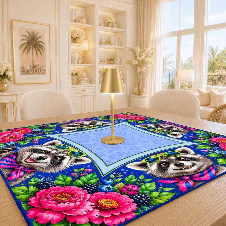 Cobalt Blue Raccoon Mahjong Mat, Hot Pink Floral Game Mat, Non-slip Table Cover