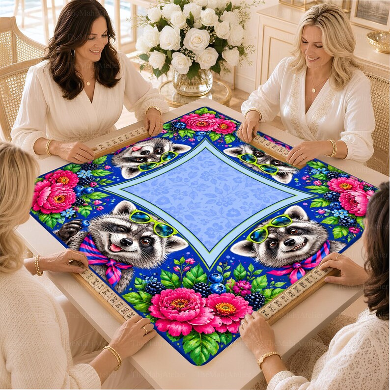 Cobalt Blue Raccoon Mahjong Mat, Hot Pink Floral Game Mat, Non-slip Table Cover