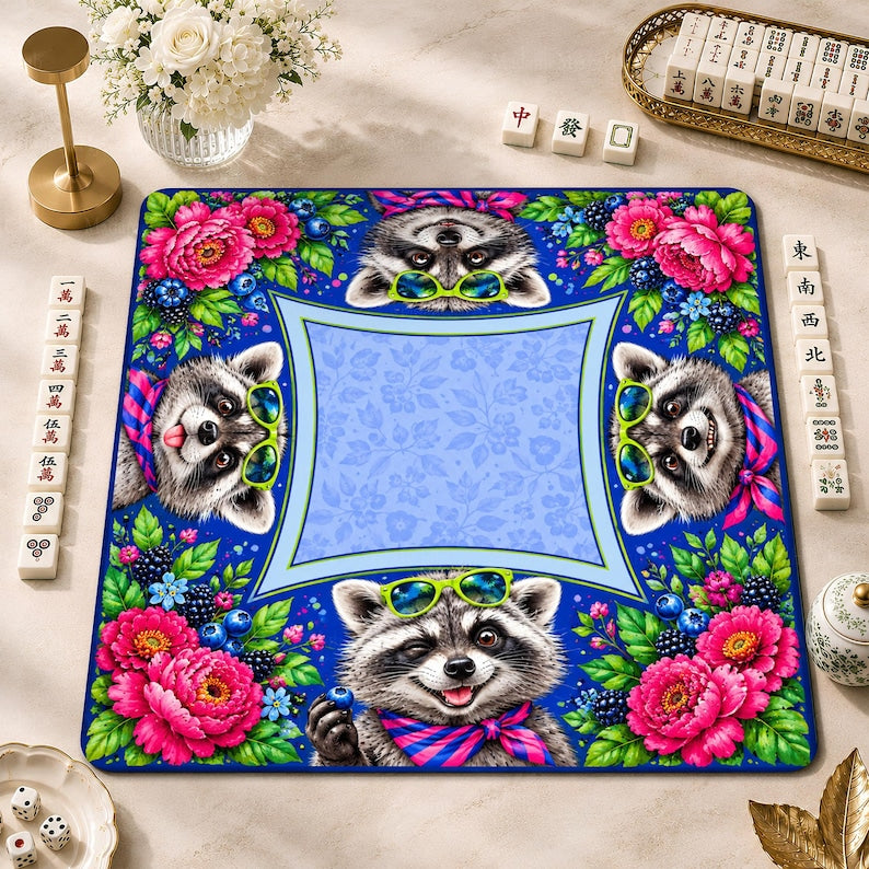 Cobalt Blue Raccoon Mahjong Mat, Hot Pink Floral Game Mat, Non-slip Table Cover