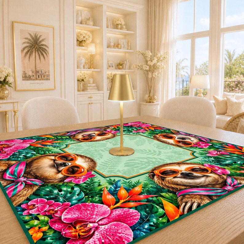 Mint Green Tropical Sloth Mahjong Mat, Pink Orchid Floral Game Mat, Non-slip Table Cover