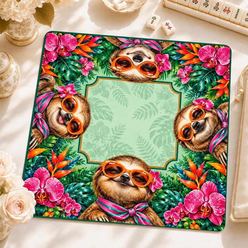 Mint Green Tropical Sloth Mahjong Mat, Pink Orchid Floral Game Mat, Non-slip Table Cover