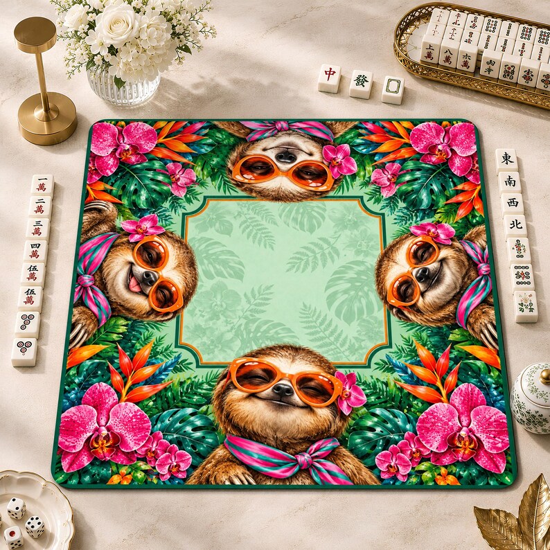 Mint Green Tropical Sloth Mahjong Mat, Pink Orchid Floral Game Mat, Non-slip Table Cover