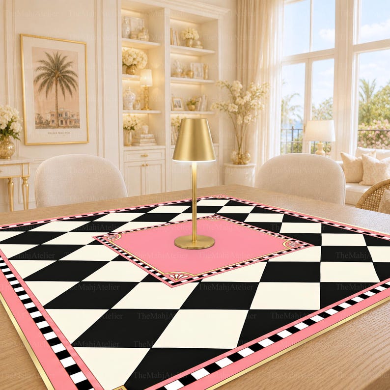 Pink & Black Harlequin Checkerboard Mahjong Mat, Preppy Geometric Game Mat, Non-slip Table Cover