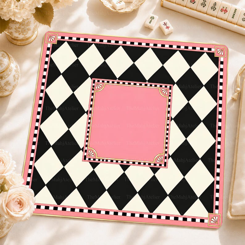 Pink & Black Harlequin Checkerboard Mahjong Mat, Preppy Geometric Game Mat, Non-slip Table Cover