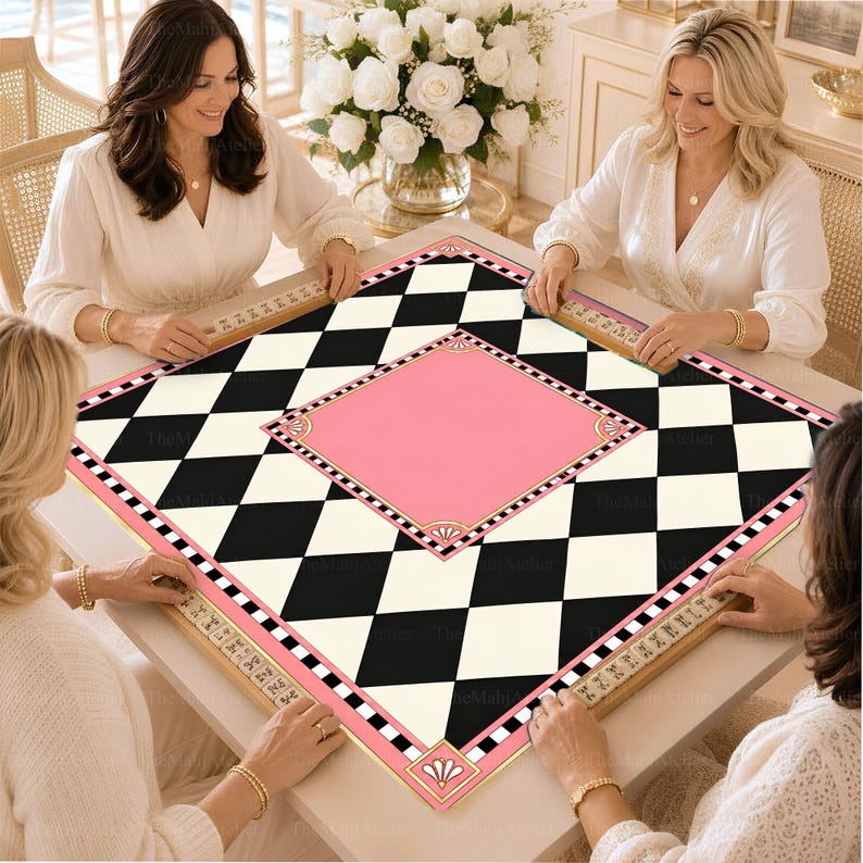 Pink & Black Harlequin Checkerboard Mahjong Mat, Preppy Geometric Game Mat, Non-slip Table Cover
